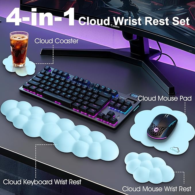 Cloud Wrist Rest Keyboard Cushion, 4-in-1 Ergonomic Cloud Keyboard Wrist Rest and Mouse Pad Set with Memory Foam Arm Support for Palm, Cute Desk Accessory for PC Gaming Setup, Blue