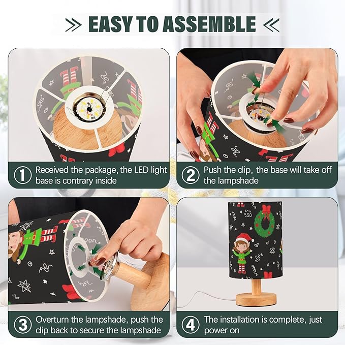 Elf Christmas LED Table Lamp, Bedside Lamp with Linen Lampshade, Flicker-Free Eye Care USB Plug in Nightstand Lamp, for Bedroom and Office