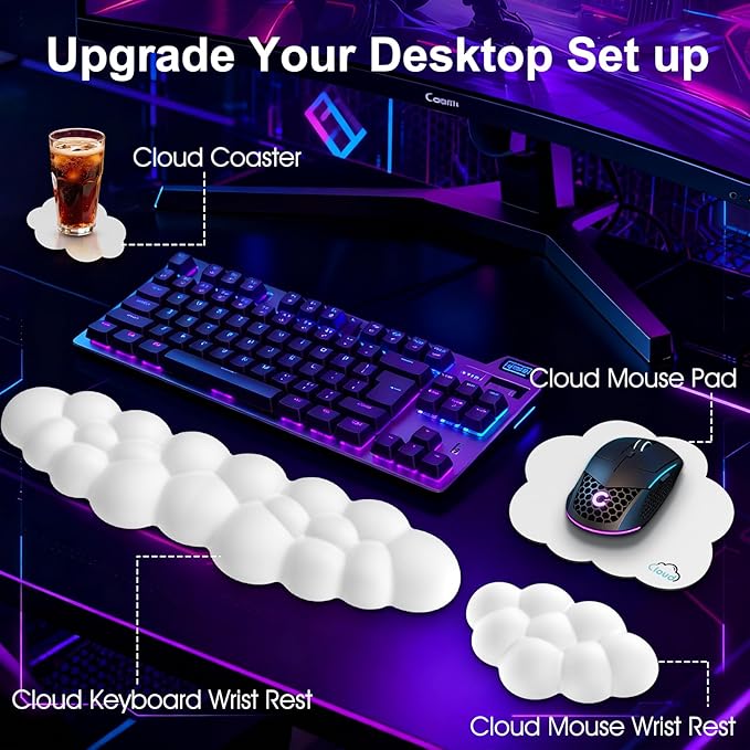 Cloud Wrist Rest for Computer Keyboard, 4-in-1 Memory Foam Leather Cloud Keyboard Wrist Rest and Mouse Pad Set with Ergonomic Support for Arm and Palm Cushion, Gaming/Work Setup, White