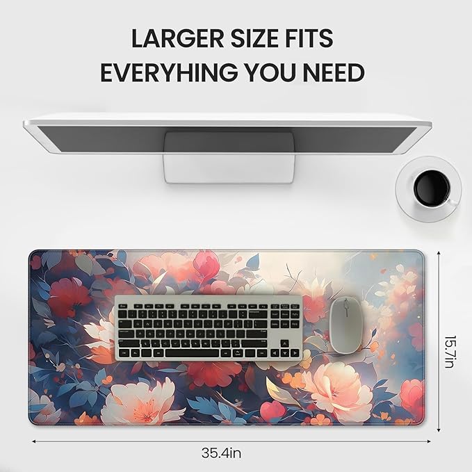 XXL Large Gaming Mouse Pad, 35.4 x 15.7 inches, with Non Slip Rubber Base, Extended Keyboard Pad for Home Computer Office Workstations, Large Laptop Mouse Pads Vintage Flowers