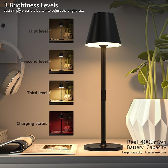 Modern LED Cordless Table Lamp, 4000mAh Rechargeable Battery, 3 Level Brightness Night Light, Metal Shell, Minimalist Design, for Couples Dinner/Coffee Table/Restaurant/Bedroom, Black
