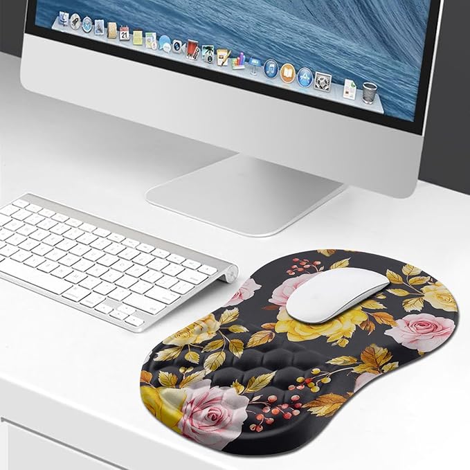 Hokafenle Ergonomic Mouse Pad Wrist Support, Wrist Rest Mousepad for Carpal Tunnel with Integrated Memory Foam Slope Massage Bulge (11.8x7.9 inch,Golden Powder Flower)