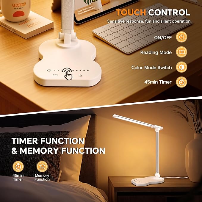Desk Lamps for Home Office, Dimmable LED Desk Lamp, 5 Color Modes, 10 Brightness, Touch Desk Light with USB Charging Port for Nail Craft Puzzle Sewing Study - White