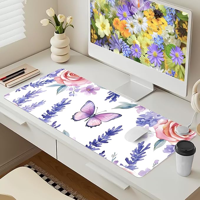 Bloss Butterflies + Flowers Desk Mat, Leather Desk Pad, Desk Matt for Desktop, Waterproof Desk Pad Mat, Computer Mat for Office Work/Home/Desk Protector(31.5 x 15.7 Inches)