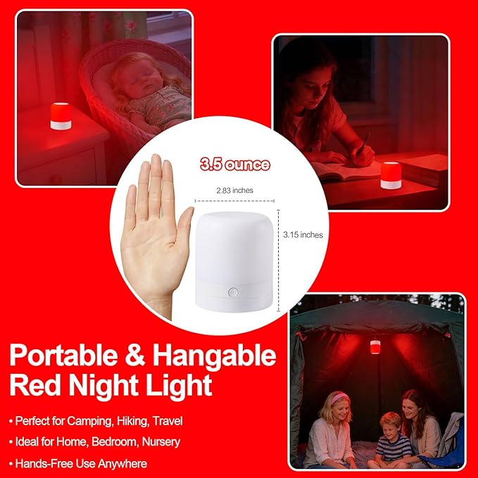 670nm Red Light Night Light Lamp for Sleep - Zero Blue Light, 4 Color Modes Rechargeable Portable & Hangable Design, Dimmable and Auto-Off Timer for Bedroom Nursery Camping