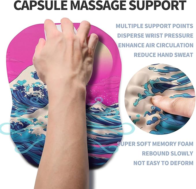 Ergonomic Raised Mouse Pad Wrist Support with Bilateral Slope Memory Foam Mousepad for Wrist Rest and Carpal Tunnel 11.8x7.9〃Twilight Waves