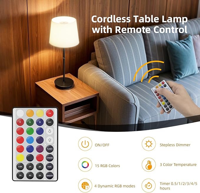 Rechargeable Table Lamp, 5000mAh Battery Powered Cordless Desk Lamp with Dimmable Magnetic RGB Bulbs & Remote, Mini Touch Lamp for Living Room, Restaurant, Kitchen Counter, Bedside