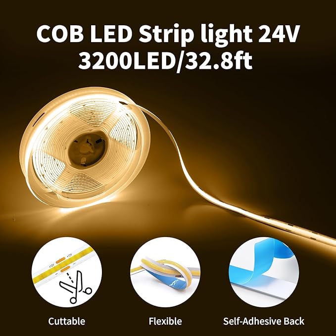 32.8FT/10m COB LED Strip Light, Warm White 3000K LED Tape Lights, 3200LEDS CRI93+ Flexible Dimmable Light Strip for Bedroom TV Backlight Mirror Kitchen Cabinet Wall Decor(with Plug)