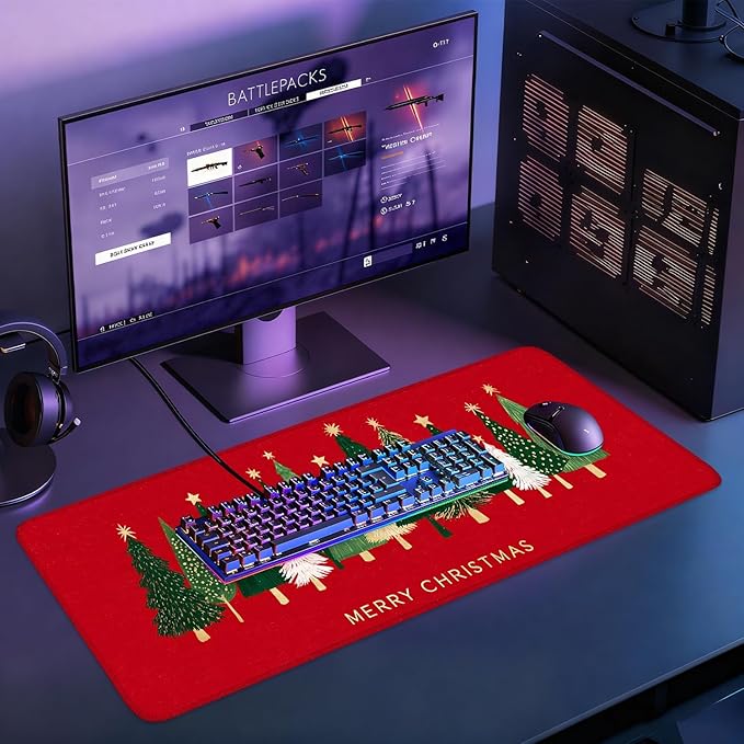 Desk Mat, XXL Extended Gaming Pad for Desktop, 31x12 Inches Trees on Red Background, Large Non-Slip Vegan Leather Surface with Stitched Edges, Keyboard Mouse Mat for Home Office