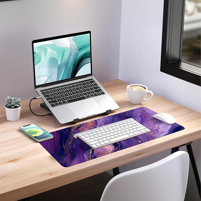 Purple Marble Extended Gaming Mouse Pad 31.5x11.8inches Large Desk Mat Anti-Slip Rubber Base & Durable Stitched Edges for Gamers Smooth Mouse Writing Surface for Desk Office/Home