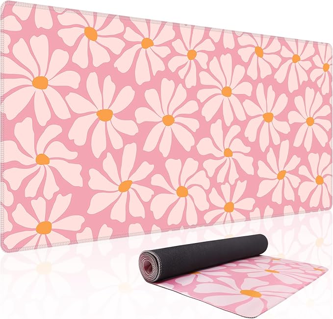 Baziabbo Pink Desk Mat,XXL Extended Large Mouse Pad,Gaming Mousepad with Stitched Edge,Non-Slip Rubber Base Keyboard Desk Pad for Home Office Study Game (Pink Flowers)