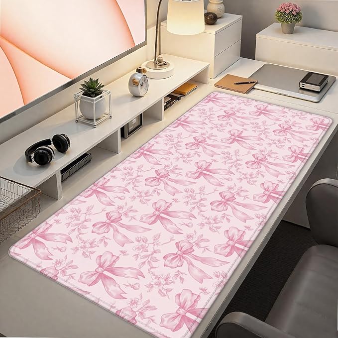 Coquette Pink Floral Large Mouse Pad 31.5x15.7inch, Trendy Girly Pink Bow Peony Flower Aesthetic Large Extended Computer Desk Mat Mousepad for Keyboard and Mouse, Preppy Desk Accessories