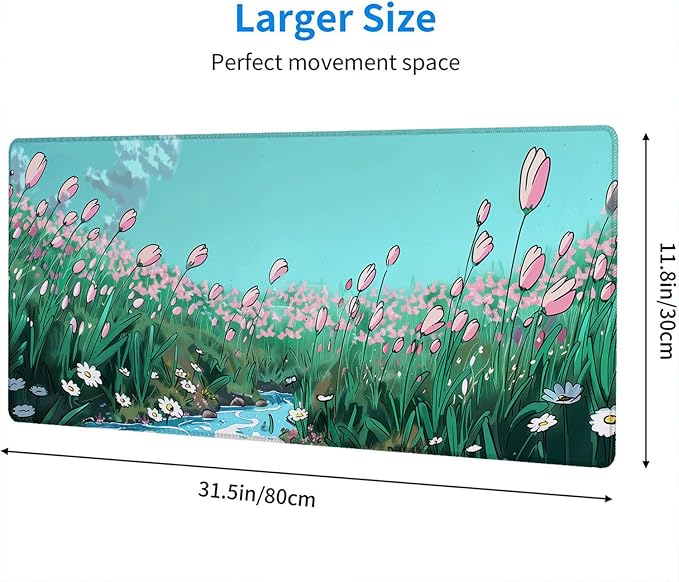 Anime Floral Gaming Desk Pad - Extended Cute Sage Green Plant Mouse Pad Mat with Stitched Edge Non-Slip Base - 31.5"x11.8"