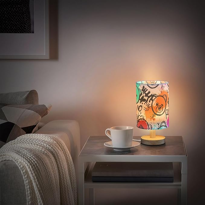 Colorful Graffiti LED Table Lamp, Bedside Lamp with Linen Lampshade, Flicker-Free Eye Care USB Plug in Nightstand Lamp, for Bedroom and Office