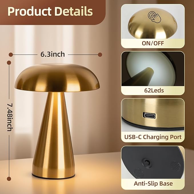 Portable LED Desk Lamp, 5000mAh Rechargeable Battery, 3-Color Touch Control, Cordless Table Lamp with Stepless Dimming, Modern Bedside Lamp for Bedroom, Living Room, and Dining Room (1-Pack Gold)