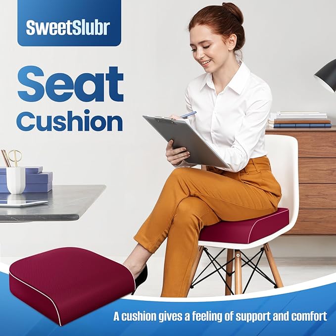 Seat Cushion for Coccyx & Lumbar Support, Office Chair Cushion, Memory Foam Large Chair Cushion with Non-Slip Cover for Soft Ergonomic Support at Office Chair, Car Seat, Airplane, Red/X-Large