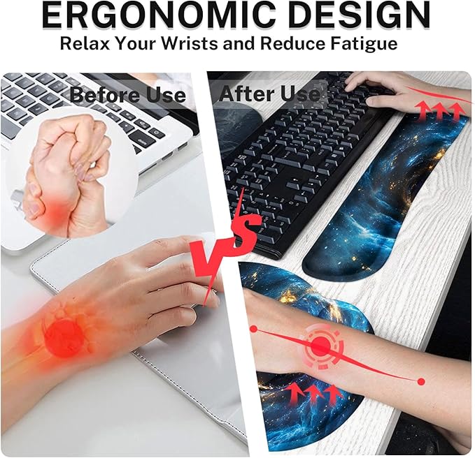Britimes Blue Black Galaxy Space Ergonomic Mouse Pad Set with Wrist Rest Non-Slip Rubber Base Wrist Cushion Support and Coasters Mousepad with Wrist Support for Computer Keyboard and Desk