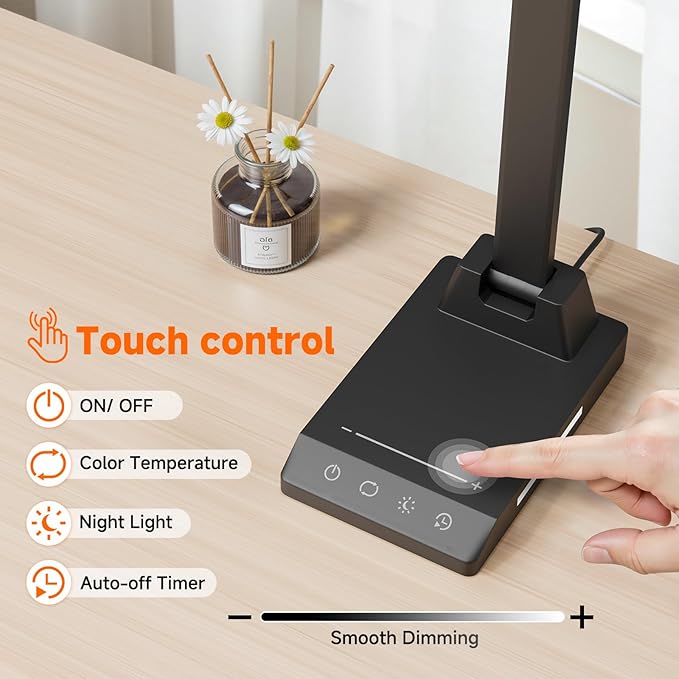ShineTech LED Desk Lamp with USB-C Charging Port, Dimmable Desk Lamp for Home Office, Eye-Caring Reading Lamp with 25 Lighting Modes, Small Desk Light for Bedroom Nightstand with Adapter
