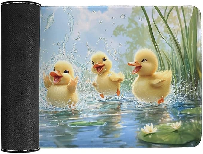 Large Ergonomic Gaming Mouse Pad Playful Ducklings in Pond - Cute Waterfowl Theme with Non-Slip Base Water-Resistant Surface and Stitched Edges 40X75cm