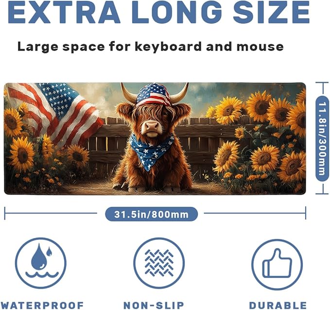 Highland Cow Desk Mat Gaming Mouse Pad Americana Farm Sunflower Mousepad Computer Keyboard Pad Mouse Mat Laptop Mat 31.5 x 11.8 Mouse Pads for Desk Home Office Gaming