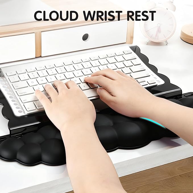 Ergonomic Keyboard Wrist Rest,Adjustable Tilt Stand Combo,Black Acrylic Cloud Comfort Wrist Support, Customizable Width Riser for Home,Office Desk - Portable Comfortable Typing (Black)