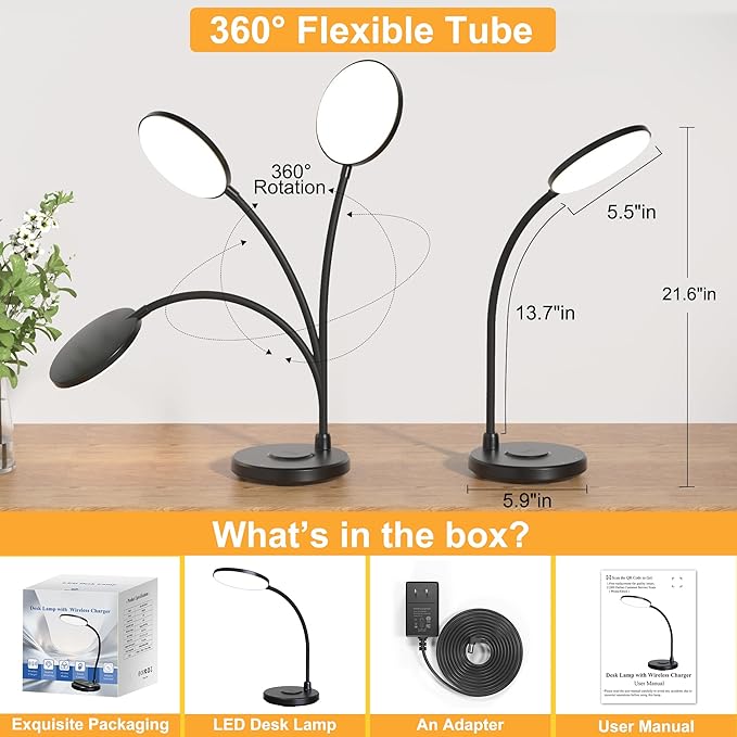 Sailstar Desk Lamp for Home Office, Small Desk Lamp with Wireless Charger, Dimmable 3 Color Modes Study Lamp, Adjustable Neck 800LM Eye-Caring Desk Light, Bedside, College Dorm, Adapter Included