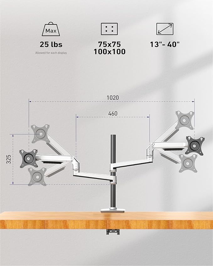 Heavy Duty Quad Monitor Mount Desk Stand, Mechanical Spring 4 Monitor Arm Fits Four 13-40 Inch Screens up to 25 lbs Each, Fully Motion VESA Mount Base (C-Clamp/Grommet), Premium Aluminum, Silver