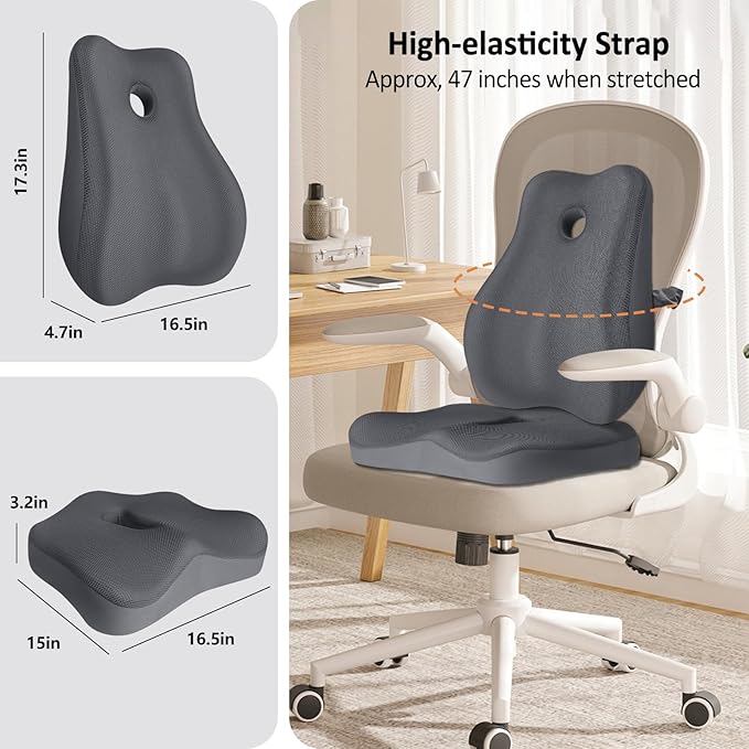 Seat Cushion, Lumbar Support Pillow for Office Chair, Memory Foam Coccyx Seat Cushion, Ergonomic Mesh Back Support Pillow, Office Desk Chair Cushion for Coccyx, Back & Tailbone Support, Grey