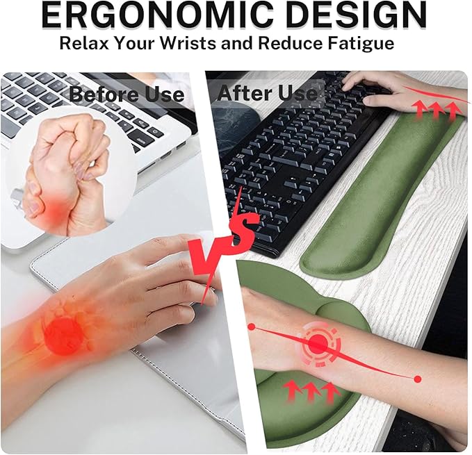 Britimes Green Ergonomic Mouse Pad Set with Wrist Rest Non-Slip Rubber Base Wrist Cushion Support and Coasters Mousepad with Wrist Support for Computer Keyboard and Desk