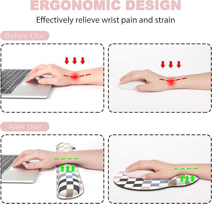 Ergonomic Mouse Pad with Wrist Rest and Keyboard Wrist Rest, Mousepad and Wrist Rest for Computer Keyboard, Non-Slip Rubber Base, Mouse Pad Wrist Support for Gaming, Colorful Checkered