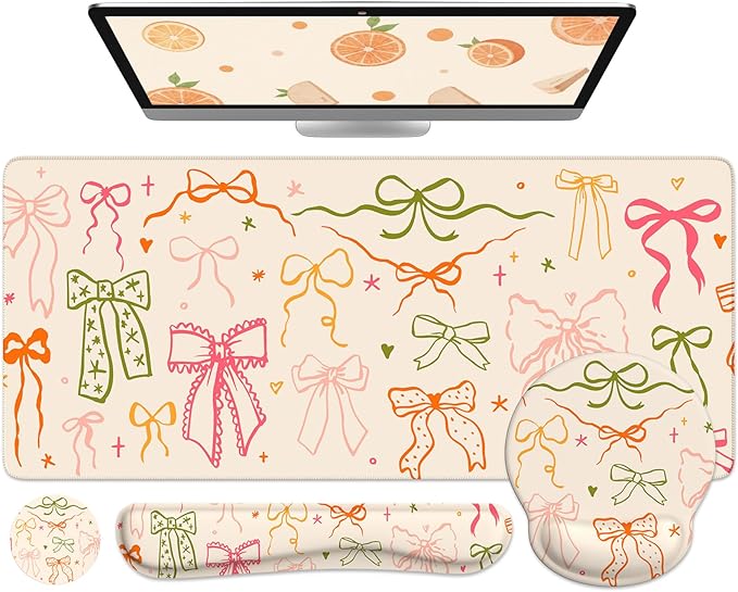 iLeadon Desk Protector Mat, Non Slip Long Mouse Pad and Keyboard Wrist Rest, Carpal Tunnel Mouse Pad and Computer Wrist Support, Soft Ergonomic Keyboard Pad with Wrist Support for Women Office (Bow)