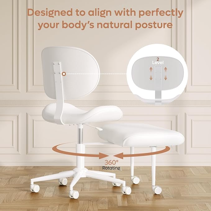 Cross-Legged Meditation Chair, ADHD Friendly Armless Office Chair with Footrest, PU Leather Wide Seat Desk Chair for Focus, Calm Sitting & Home Office, Off White