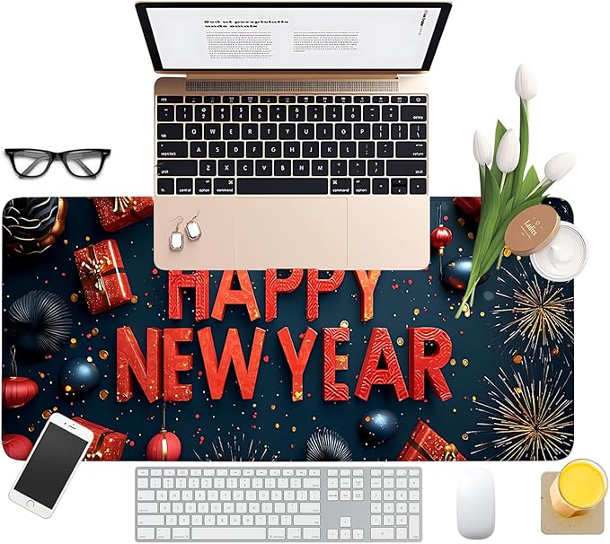 Happy New Year Extended Gaming Mouse Pad 31.5x11.8inches Large Desk Mat Anti-Slip Rubber Base & Durable Stitched Edges for Gamers Smooth Mouse Writing Surface for Desk Office/Home