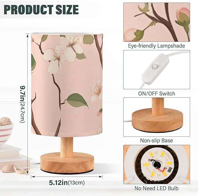 Pink Floral LED Table Lamp, Bedside Lamp with Linen Lampshade, Flicker-Free Eye Care USB Plug in Nightstand Lamp, for Bedroom and Office