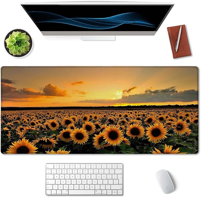SSOIU Extended Gaming Mouse Pad XXL ArtSo Large Keyboard Mat Long Mousepad Desk Decor Writing Pad Non Slip Rubber Base Stitched Edges for Work, Game, Office, Home, 35.5" x 15.7", Sunflower Field