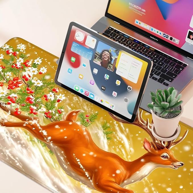 Desk Mat, XXL Extended Gaming Pad for Desktop, 35x16 Inches Reindeer Running in Snow, Large Non-Slip Vegan Leather Surface with Stitched Edges, Keyboard Mouse Mat for Home Office