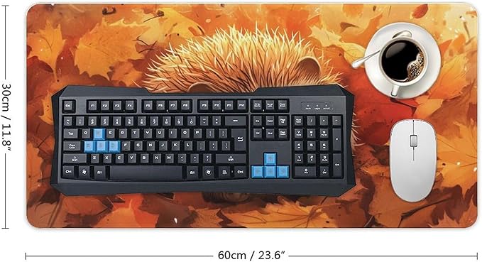 Large Ergonomic Gaming Mouse Pad Cozy Hedgehog in Autumn Leaves - Cute Forest Animal Theme with Non-Slip Base Water-Resistant Surface and Stitched Edges 30x60cm