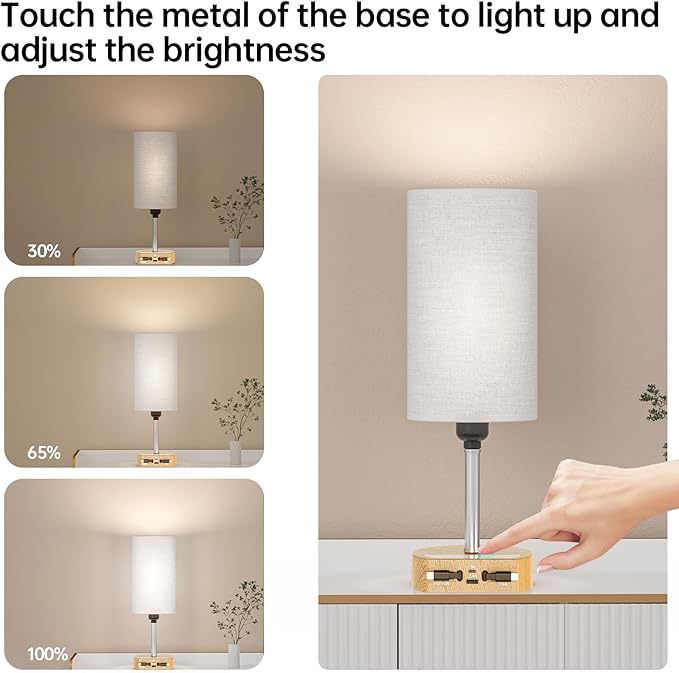 Bedside Lamp with Charging Station 74W【2 * 3.94ft Retractable Cords & 2 USB Ports】, 3 Way Dimmable Touch Lamps for Nightstand with LED Bulb, Small Desk Lamp, Set of 2, Yellow Wood Grain