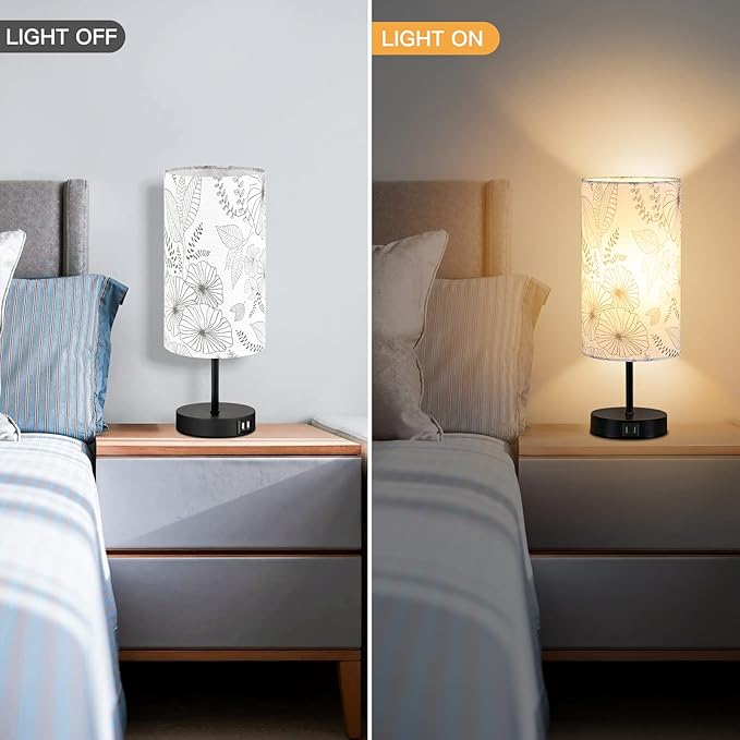 Touch Control Bedside Lamp with 2 USB Ports, 3-Way Dimmable Table lamp for Bedroom, Nightstand Lamp with Round Flower Fabric Shade for Living Room Home Office (E26 LED Bulb Included)