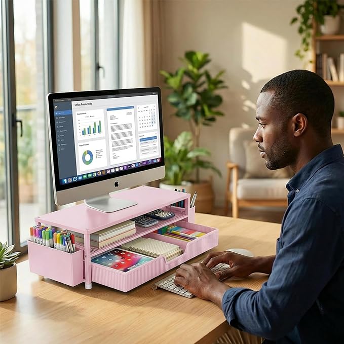 Desk Organizer and Accessories, 2-Tier Computer Monitor Stand Rise with Storage Drawer & 2 Pen Holders, Laptop & Printer Stand for Desktop, Workspace Organizers for Office Supplies (Pink)