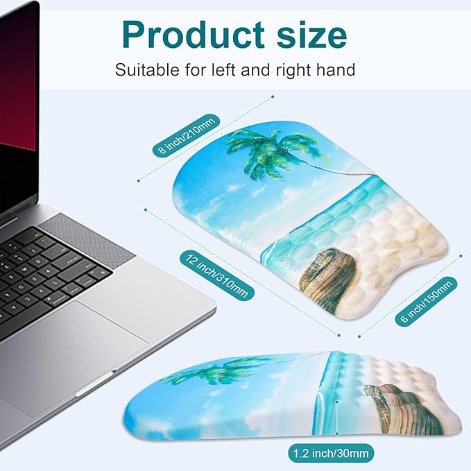 Ergonomic Wrist Mouse Pad with Massage Design, Wrist Rest Mousepad with Memory Foam Non-Slip PU Base, Mouse Pad with Wrist Support for Wireless Mouse & Desk, Y Summer Beach