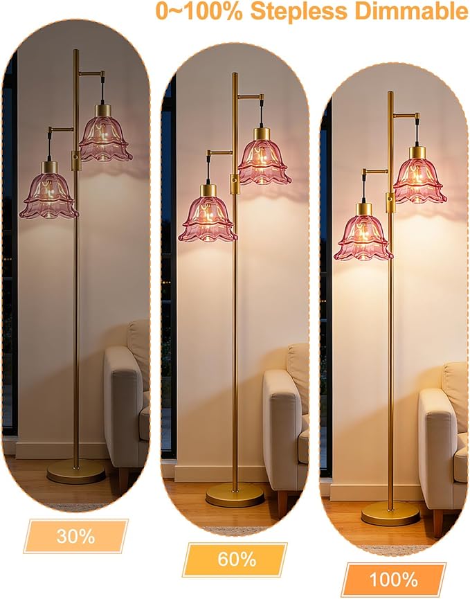 2-Light Gold Dimmable Floor Lamp for Living Room, 65IN Tall Standing Lamps with Deep Red Glass Lampshade, 3000K Warmwhite Mid Century Modern Floor Lamp for Bedroom/Sofa Beside/Corner Decor