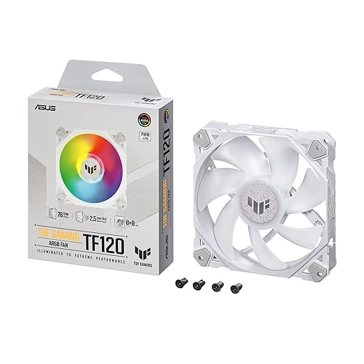ASUS TUF Gaming TF120 ARGB White Edition Chassis Fan 3-Pin Customizable LEDs Blade, Advanced Fluid Dynamic Bearing