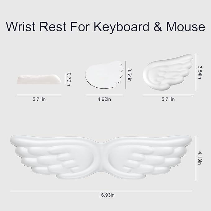 Angel Wing Wrist Rest,Cute Wrist Rest for Keyboard and Mouse,Hand Rests Set Include Ergonomic Keyboard & Mouse Hand Rest and Coaster,Filled Resilient Memory Foam,for Work,Study,Gaming (White)