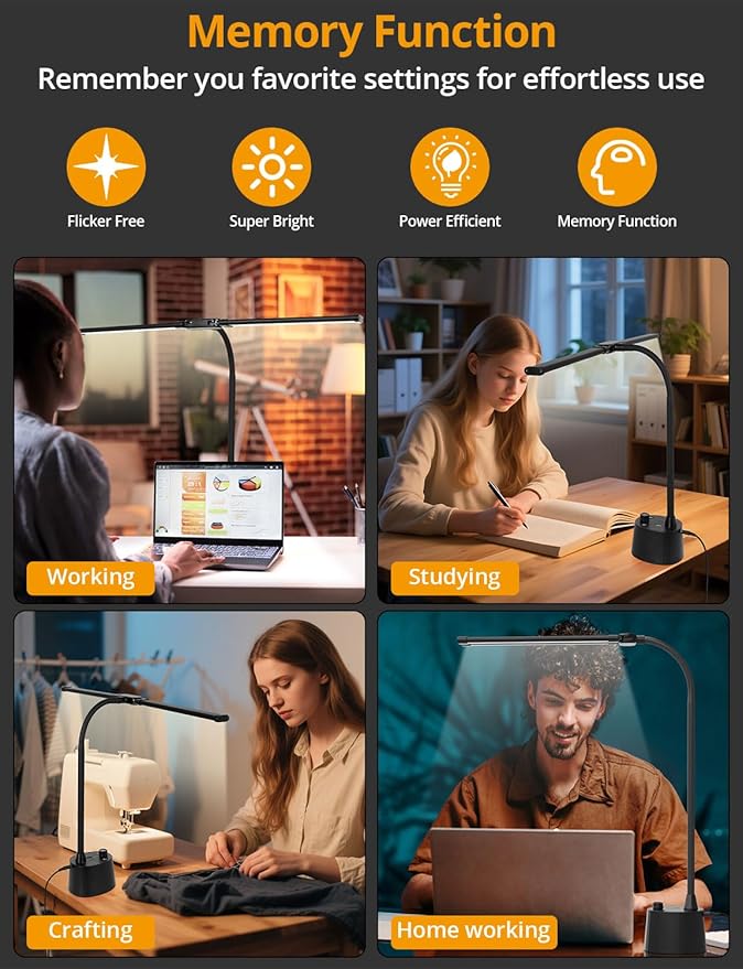 Desk Lamp, Dual Head, Smart USB A+C Charging Port, 5 Color Modes Dimmable, 2600 Lumens 12W Wide-Angle Lighting Table Lamp, 49cm Height for Bedside Reading, Office, Study, Crafts, Draw