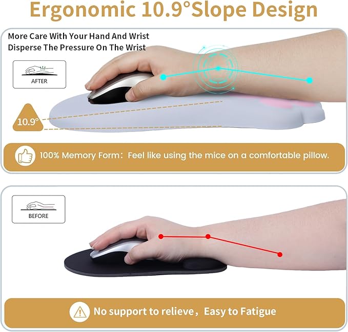 L-SPOUTTO Ergonomic Mouse Pad with Wrist Rest,Cute Cat Paw Mousepad Wrist Support,Comfortable Massage Design Computer Pain Relief Mouse Pad with Non-Slip PU Base for Desk Laptop Gaming Office,Grey