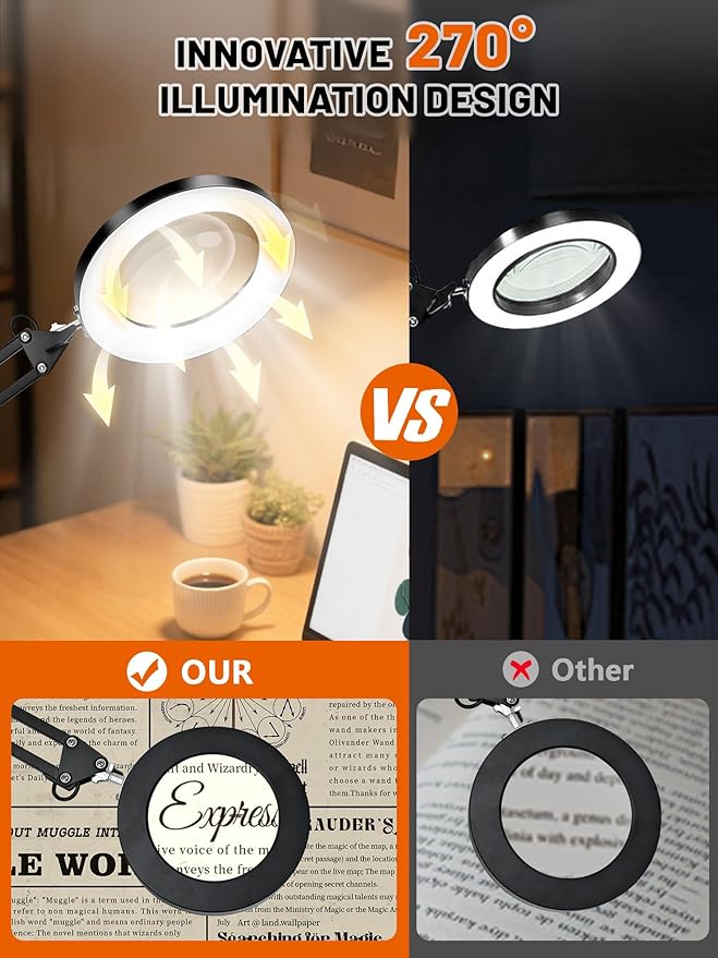10X Magnifier Lamp with Clamp, 15" Adjustable Arm LED Desk Light with Real Glass Lens, 3 Color Modes, Bright Dimmable Lighting for Repair, Model Painting, Sewing, Reading