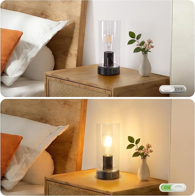 Bedside Table lamp for Bedroom -Touch Lamp with USB-A+C Charging Ports & AC Outlet. Nightstand Lamp with Black Base Glass. Stepless Dimming Small Lamp for Bedroom, Dorm, Office, Kids Room, Living Room