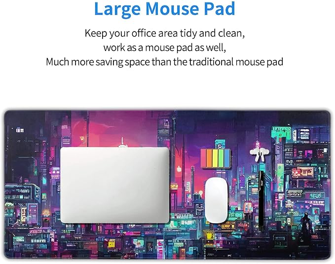 aportt Retro Japanese Anime Gaming Mouse Pad Extended Cool Dark Purple Red Vaporwave City Large Desk Mat Big Mousepad Non-Slip Rubber Base Stitched Edge Long Desk Pad for Desktop Computer,40×20 Inch