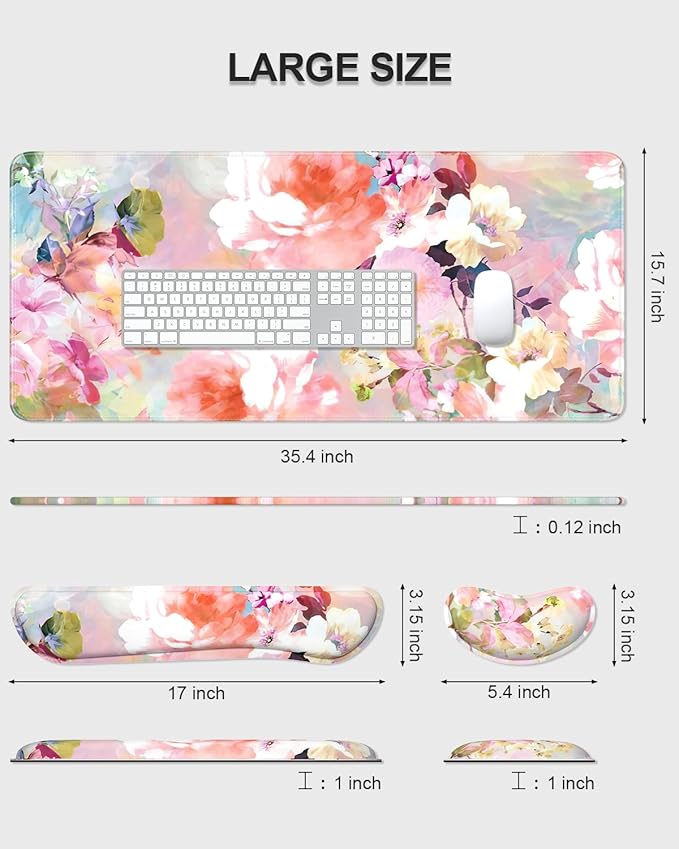 Auhoahsil Large Mouse Pad with Wrist Rests for Keyboard & Mouse, Thick Soft Ergonomic Memory Foam Wrist Supports, Big & Long Desk Mat 35.5 x 15.7 in, for Office Gaming Computer, Pink Flowers